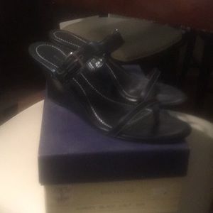 Black leather wedge sandals